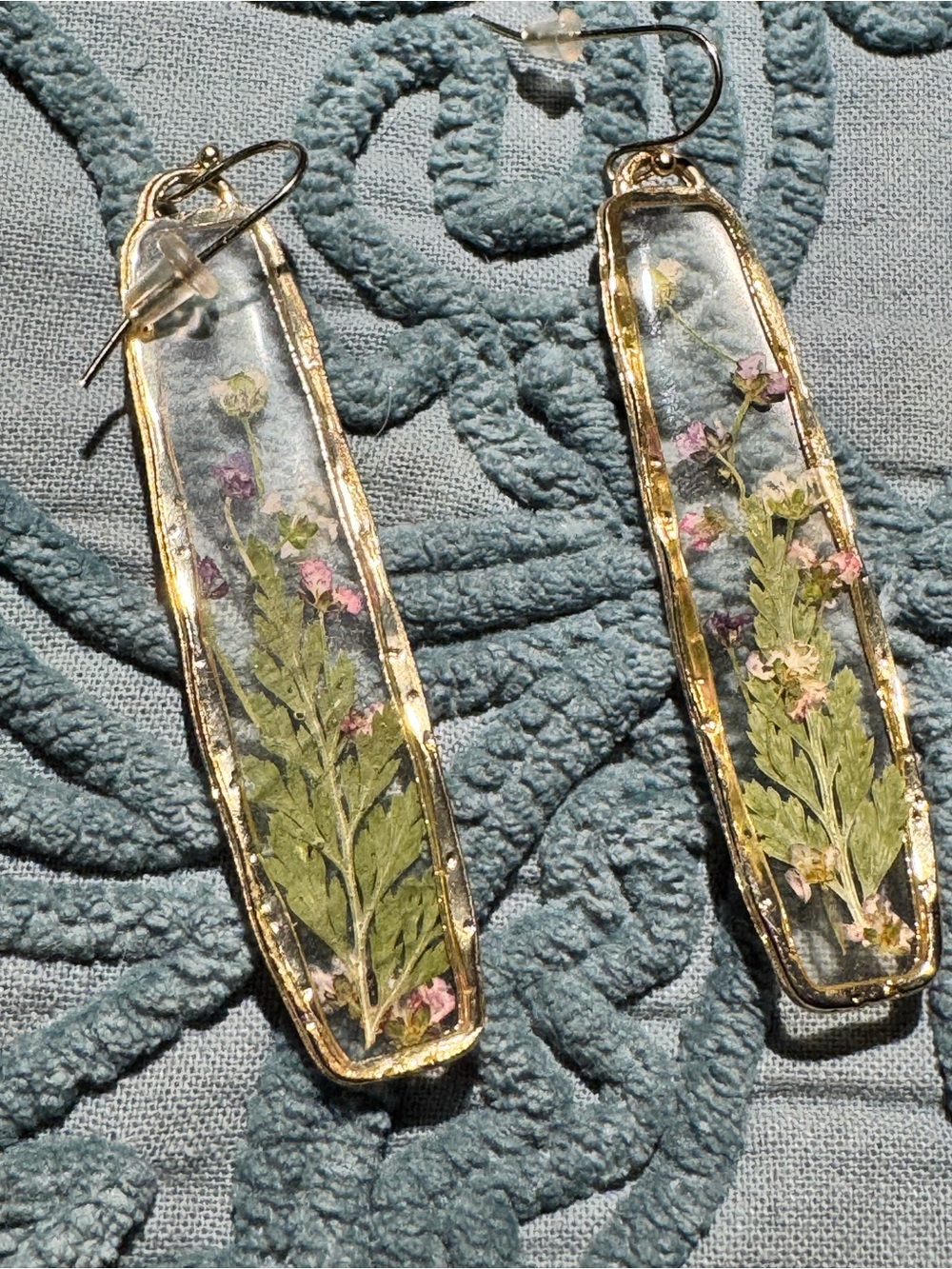 Artisan Made Real Pressed Flower Drop Gold Tone Earrings